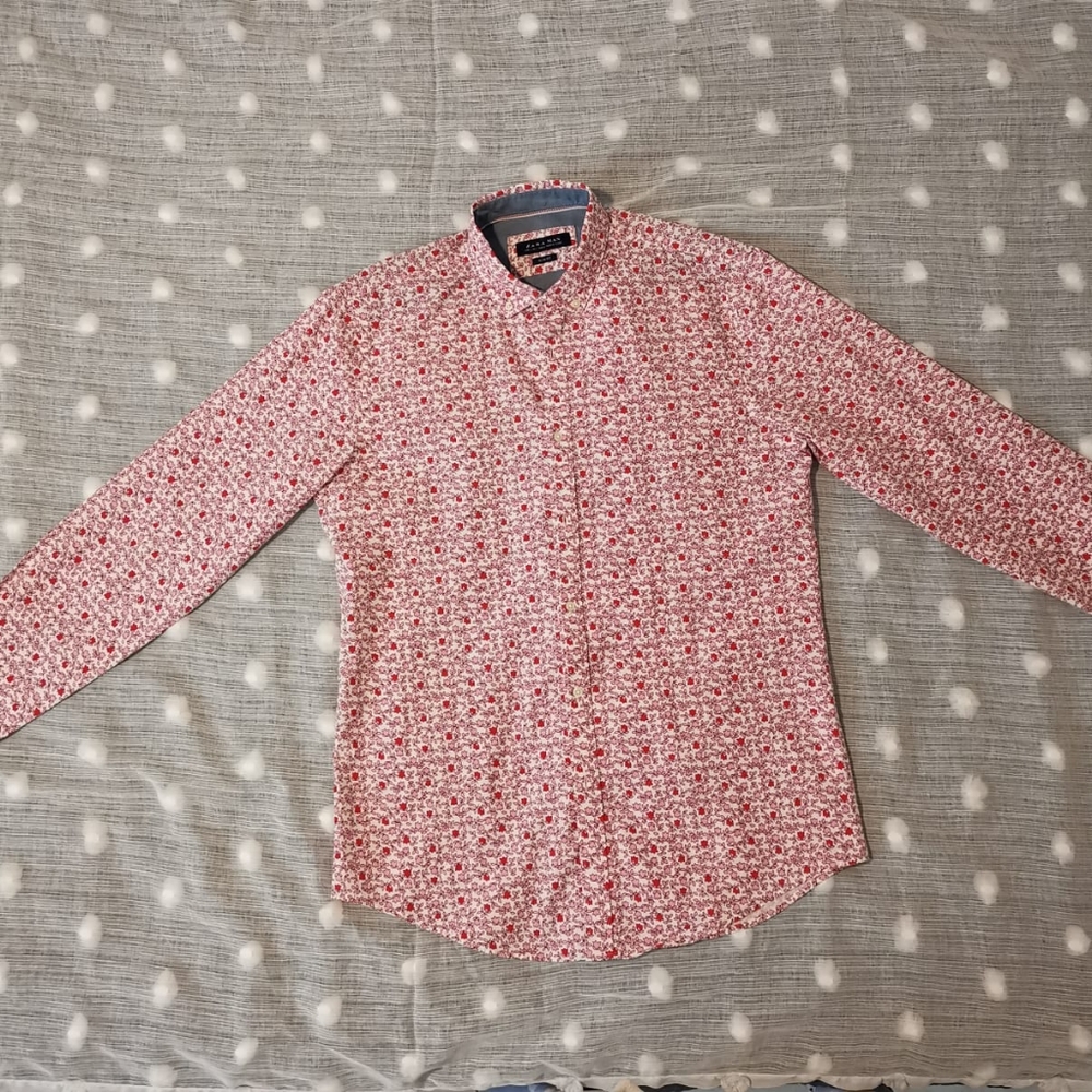 Zara Man Flowerpatch Floral Henley Shirt 1/2 Button Mini Floral Pink Red Size L